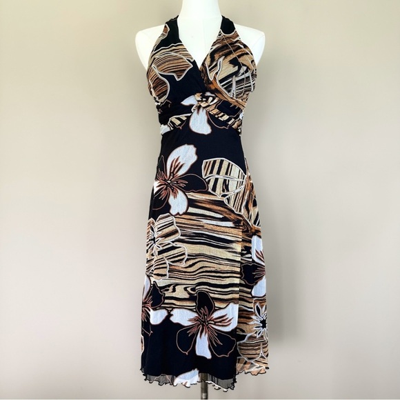 Vintage Cache Y2K 90’s Floral Halter Dress Women 6 Fairy Overlay Midi Party Blac - Picture 1 of 7